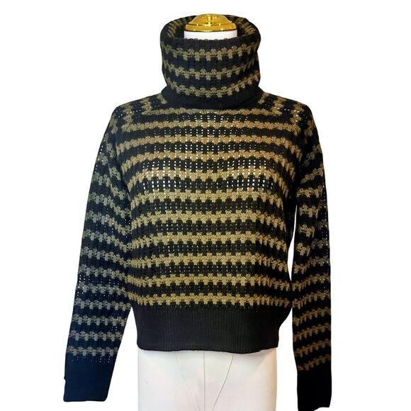 Aqua knitted Crop Cowl Neck Army Green and Black stripe Sweater Size XS. - Picture 1 of 5
